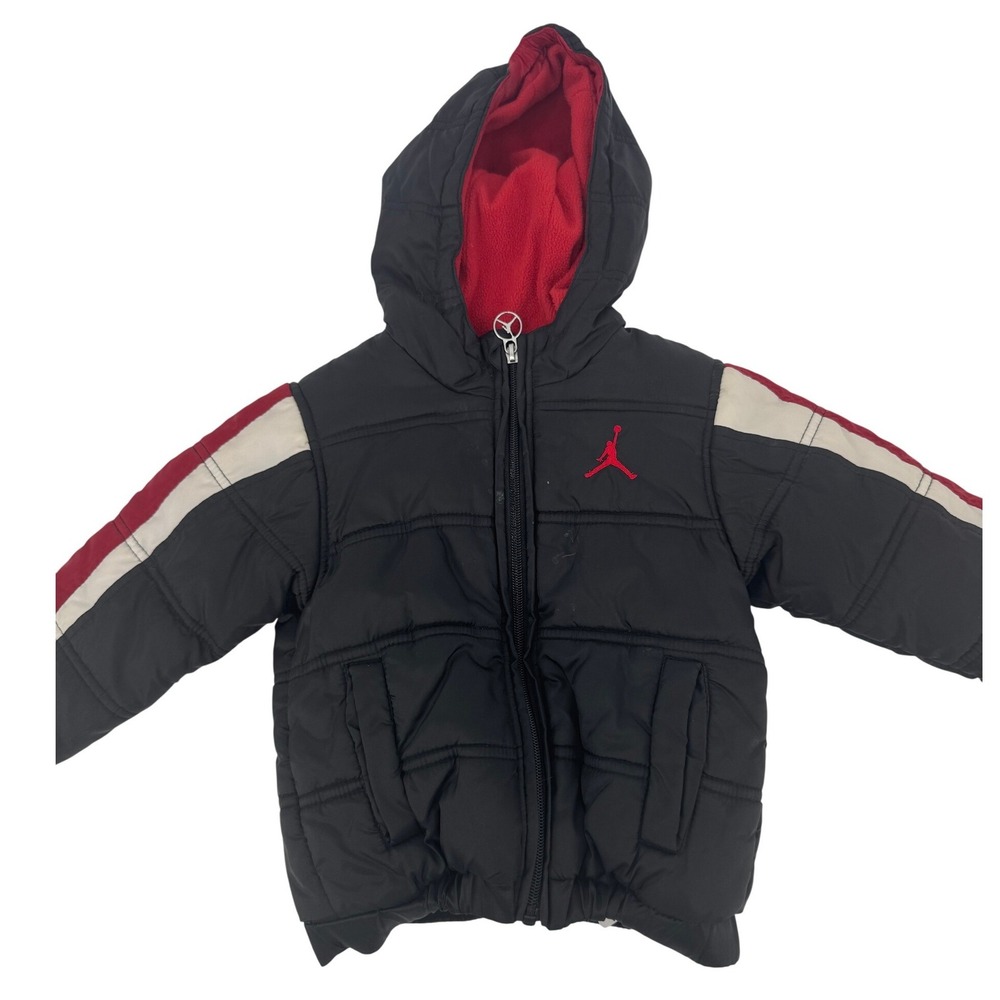 Jordan Puffer Jacket Kids 2T Black Red White Hooded Fleece Lined Jumpman Coat